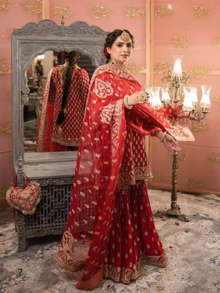 Karva Chauth Special Red Chinon Kurti Sharara Set with Heavy Embroidery For Export Ready To Wear Collection