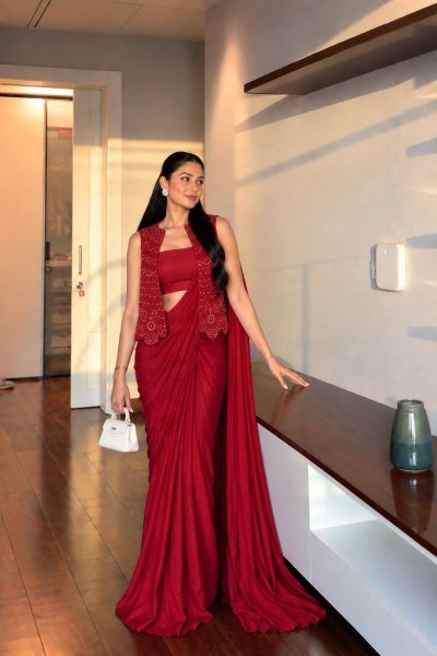 Karva Chauth Special Red Chinon Silk Jacket Saree Lehenga Set at Wholesale Rate Ready To Wear Saree 