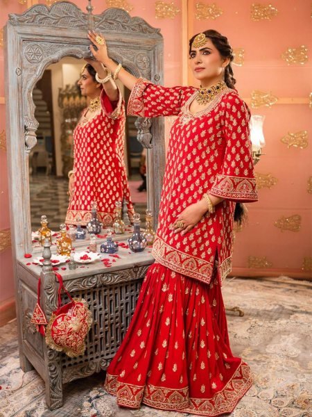 Karva Chauth Special Red Chinon Kurti Sharara Set with Heavy Embroidery For Export Ready To Wear Collection