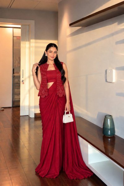 Karva Chauth Special Red Chinon Silk Jacket Saree Lehenga Set at Wholesale Rate Ready To Wear Saree 