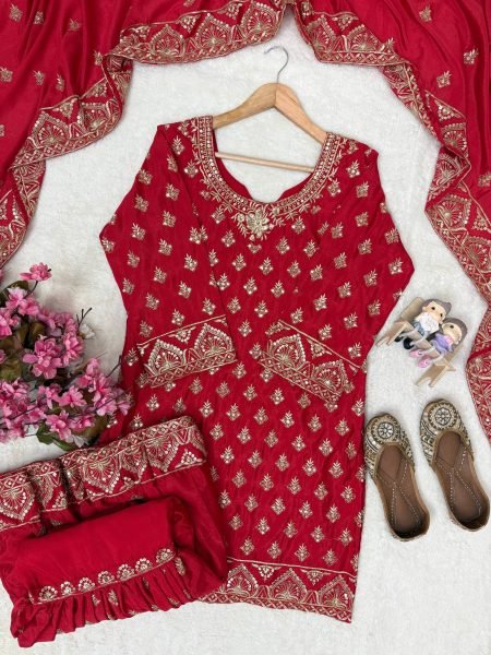 Karva Chauth Special Red Chinon Kurti Sharara Set with Heavy Embroidery For Export Ready To Wear Collection