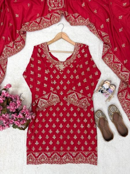 Karva Chauth Special Red Chinon Kurti Sharara Set with Heavy Embroidery For Export Ready To Wear Collection