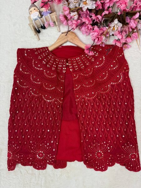 Karva Chauth Special Red Chinon Silk Jacket Saree Lehenga Set at Wholesale Rate Ready To Wear Saree 
