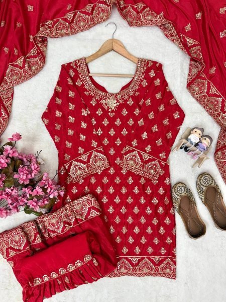 Karva Chauth Special Red Chinon Kurti Sharara Set with Heavy Embroidery For Export Ready To Wear Collection