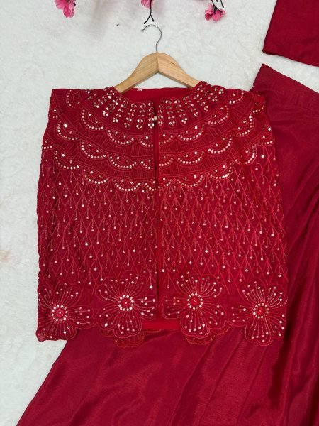 Karva Chauth Special Red Chinon Silk Jacket Saree Lehenga Set at Wholesale Rate Ready To Wear Saree 