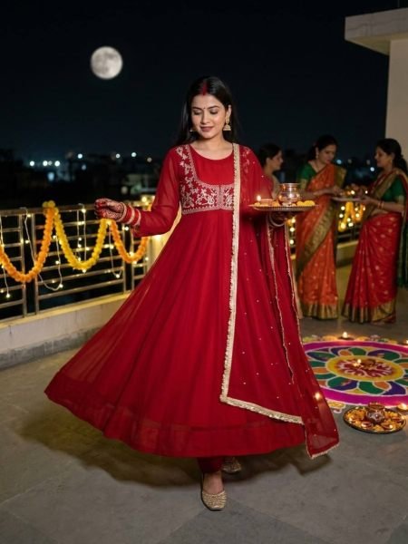 Karwa Chauth Special Red Anarkali Gown with Beads Work Dupatta at Manufacturer  Ready To Wear Suit
