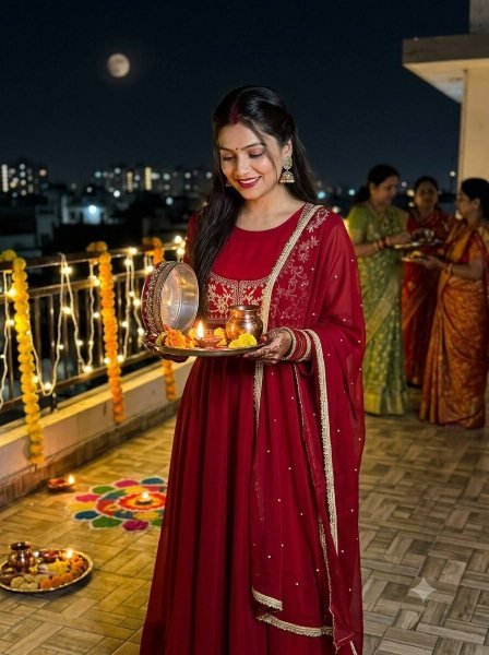 Karwa Chauth Special Red Anarkali Gown with Beads Work Dupatta at Manufacturer  Ready To Wear Collection