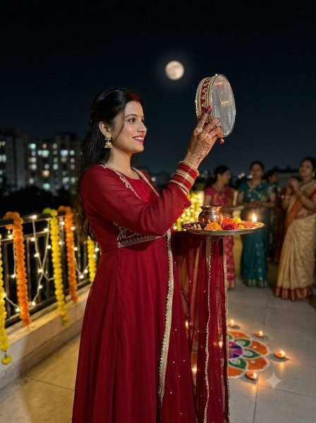 Karwa Chauth Special Red Anarkali Gown with Beads Work Dupatta at Manufacturer  Ready To Wear Collection