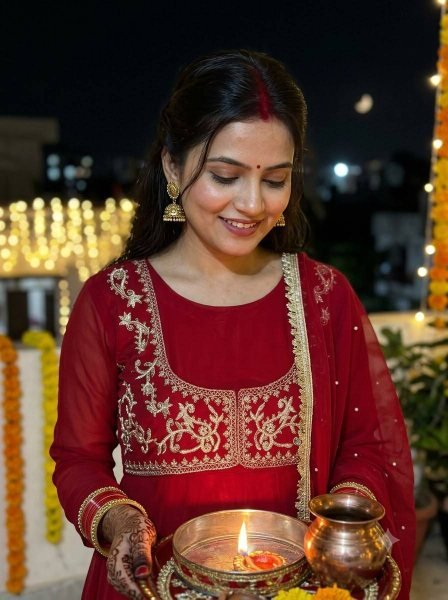 Karwa Chauth Special Red Anarkali Gown with Beads Work Dupatta at Manufacturer  Ready To Wear Collection