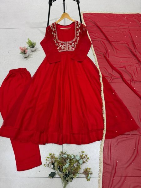 Karwa Chauth Special Red Anarkali Gown with Beads Work Dupatta at Manufacturer  Ready To Wear Collection