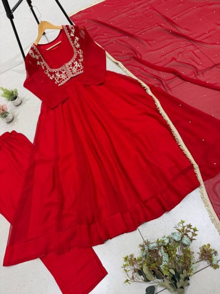 Karwa Chauth Special Red Anarkali Gown with Beads Work Dupatta at Manufacturer  Ready To Wear Collection