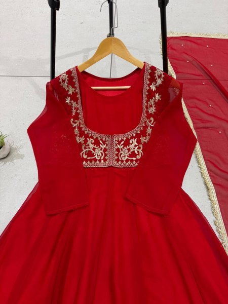 Karwa Chauth Special Red Anarkali Gown with Beads Work Dupatta at Manufacturer  Ready To Wear Collection