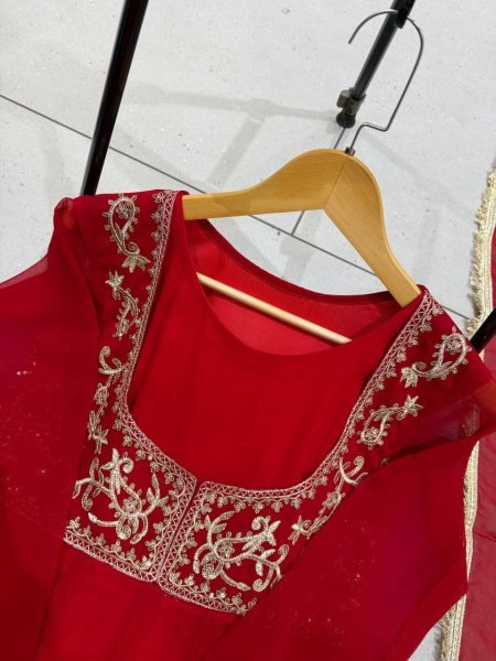Karwa Chauth Special Red Anarkali Gown with Beads Work Dupatta at Manufacturer  Ready To Wear Collection