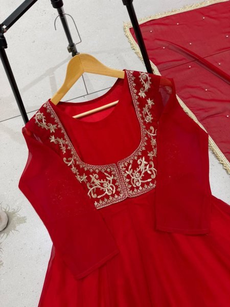 Karwa Chauth Special Red Anarkali Gown with Beads Work Dupatta at Manufacturer  Ready To Wear Collection