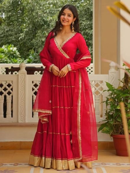 Karwa Chauth Special Red Georgette Angarkha Style Gown with Dupatta 