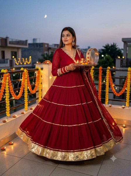 Karwa Chauth Special Red Georgette Angarkha Style Gown with Dupatta Ready To Wear Collection