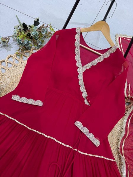 Karwa Chauth Special Red Georgette Angarkha Style Gown with Dupatta Ready To Wear Collection