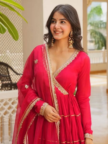 Karwa Chauth Special Red Georgette Angarkha Style Gown with Dupatta Ready To Wear Collection