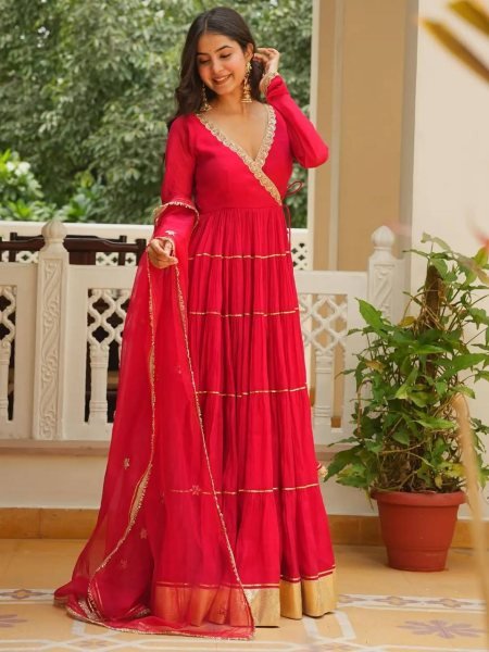Karwa Chauth Special Red Georgette Angarkha Style Gown with Dupatta Ready To Wear Collection
