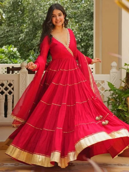 Karwa Chauth Special Red Georgette Angarkha Style Gown with Dupatta Ready To Wear Collection