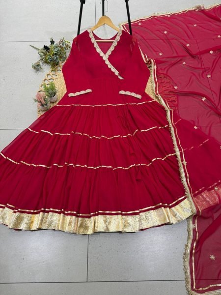 Karwa Chauth Special Red Georgette Angarkha Style Gown with Dupatta Ready To Wear Collection