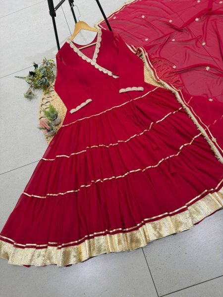 Karwa Chauth Special Red Georgette Angarkha Style Gown with Dupatta Ready To Wear Collection