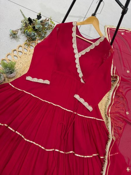 Karwa Chauth Special Red Georgette Angarkha Style Gown with Dupatta Ready To Wear Collection
