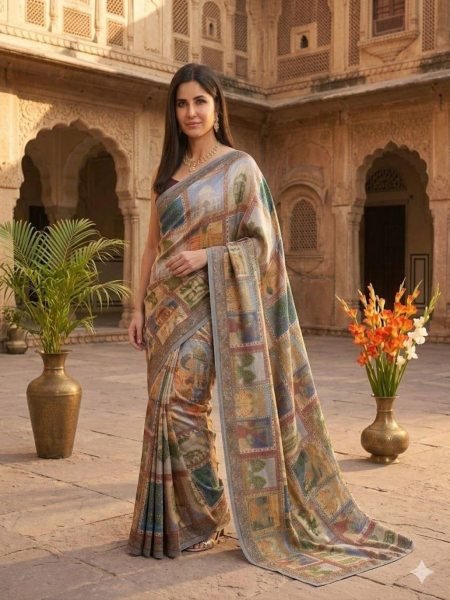 Katrina Kaif Wearing Multicolor Heritage Print Soft Silk Saree with Monumental Motifs Sarees 