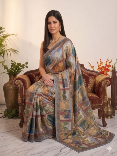 Katrina Kaif Wearing Multicolor Heritage Print Soft Silk Saree with Monumental Motifs Designer Wedding Sarees Wholesale