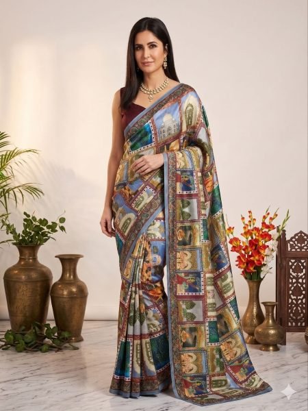 Katrina Kaif Wearing Multicolor Heritage Print Soft Silk Saree with Monumental Motifs Designer Wedding Sarees Wholesale
