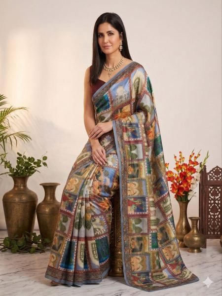 Katrina Kaif Wearing Multicolor Heritage Print Soft Silk Saree with Monumental Motifs Designer Wedding Sarees Wholesale