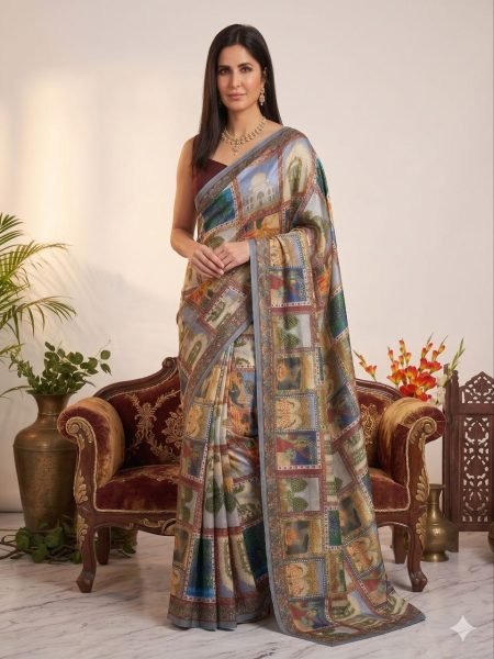 Katrina Kaif Wearing Multicolor Heritage Print Soft Silk Saree with Monumental Motifs Designer Wedding Sarees Wholesale