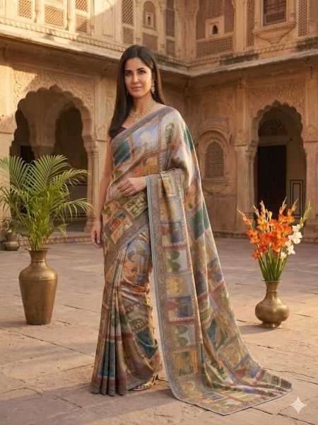 Katrina Kaif Wearing Multicolor Heritage Print Soft Silk Saree with Monumental Motifs Designer Wedding Sarees Wholesale