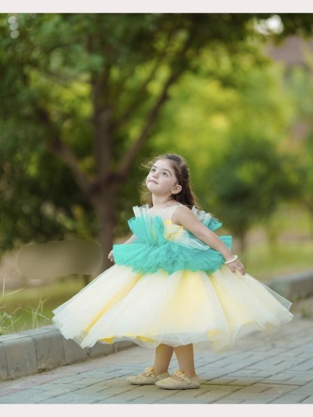 Kid s Heavy  Net Embellished Floral Colorblock Ruffle Dress Girls Wear