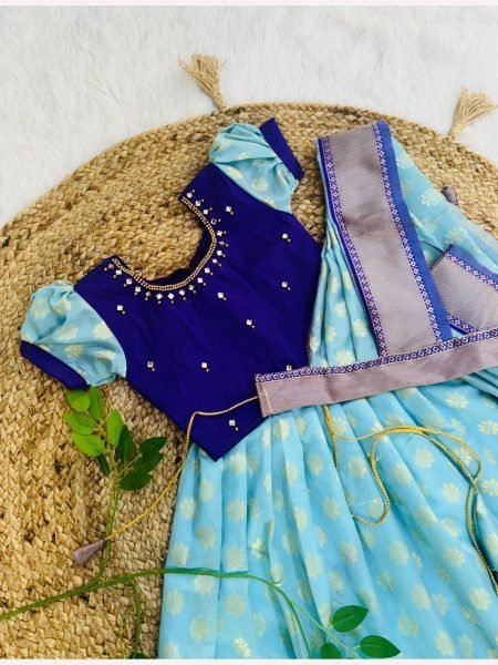 Kid s Kanjivaram Blue   Silk Lehenga Choli With Zari Weaving Girls Wear