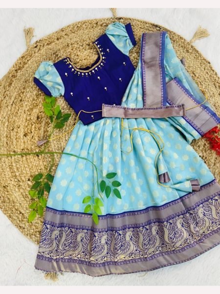 Kid s Kanjivaram Blue   Silk Lehenga Choli With Zari Weaving Girls Wear