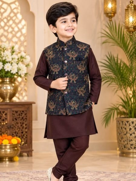 Kids Brown Heavy Jacquard Koti Kurta Pyjama Set for Wedding Wear 