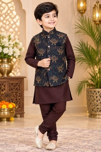 Kids Brown Heavy Jacquard Koti Kurta Pyjama Set for Wedding Wear Boys Wear