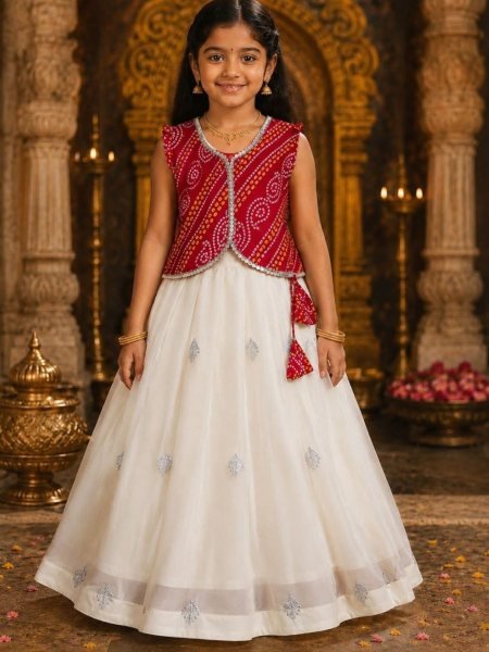 Kids Cream Lehenga Choli with Red Satin Banglori Jacket and Heavy Embroidery Kurtis
