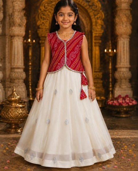 Kids Cream Lehenga Choli with Red Satin Banglori Jacket and Heavy Embroidery Girls Wear