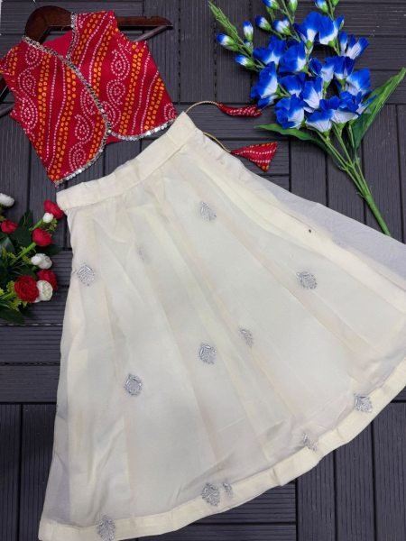 Kids Cream Lehenga Choli with Red Satin Banglori Jacket and Heavy Embroidery Girls Wear