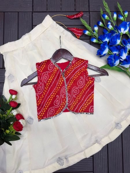 Kids Cream Lehenga Choli with Red Satin Banglori Jacket and Heavy Embroidery Girls Wear