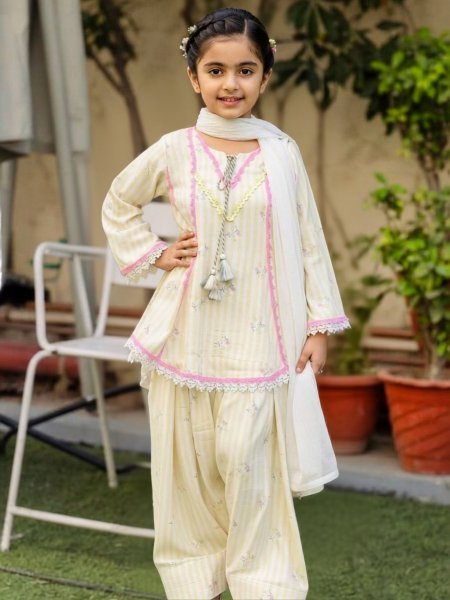 Kids Cream Pure Natural Crepe Farshi Suit with Embroidery and Nazmin Dupatta 