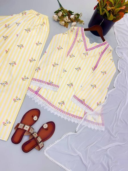 Kids Cream Pure Natural Crepe Farshi Suit with Embroidery and Nazmin Dupatta Girls Wear