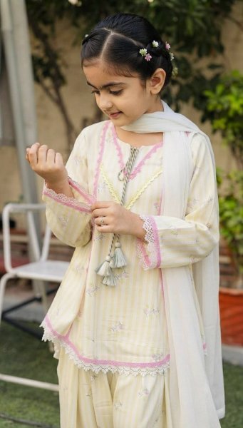 Kids Cream Pure Natural Crepe Farshi Suit with Embroidery and Nazmin Dupatta Girls Wear