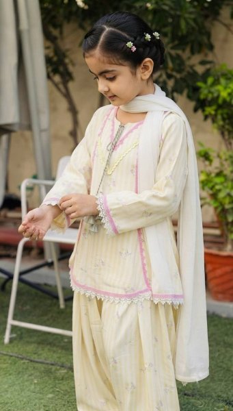 Kids Cream Pure Natural Crepe Farshi Suit with Embroidery and Nazmin Dupatta Girls Wear