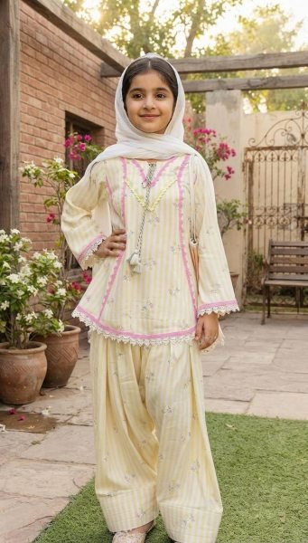Kids Cream Pure Natural Crepe Farshi Suit with Embroidery and Nazmin Dupatta Girls Wear