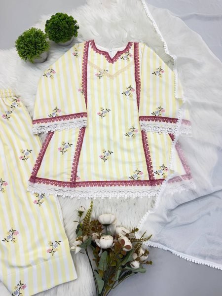 Kids Cream Pure Natural Crepe Farshi Suit with Embroidery and Nazmin Dupatta Girls Wear