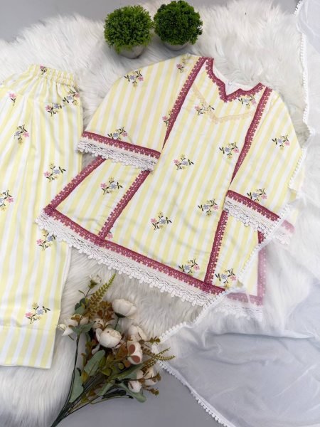 Kids Cream Pure Natural Crepe Farshi Suit with Embroidery and Nazmin Dupatta Girls Wear