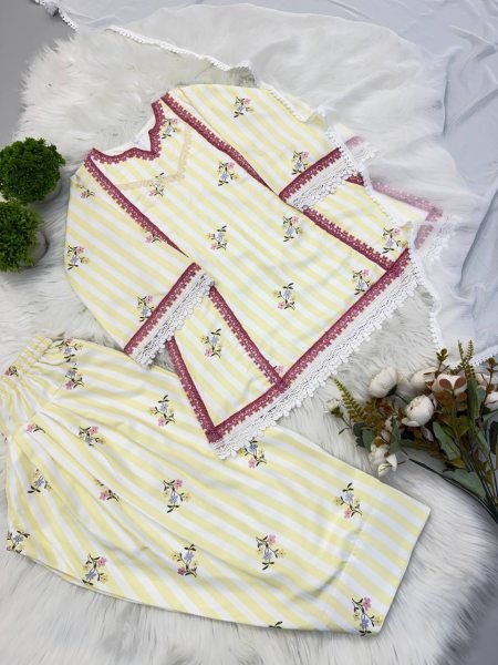 Kids Cream Pure Natural Crepe Farshi Suit with Embroidery and Nazmin Dupatta Girls Wear